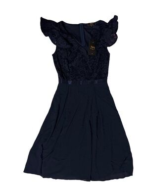 Lace Bodice Flutter Sleeve Midi Dress in Navy